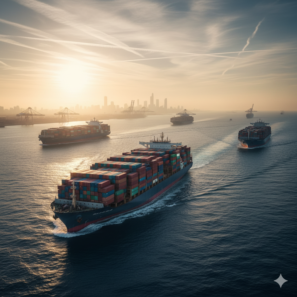 Container ships approaching a harbor